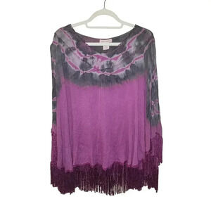 Indigo Thread Women's Tie-Dye Embroidered & Fringe Trimmed Poncho L